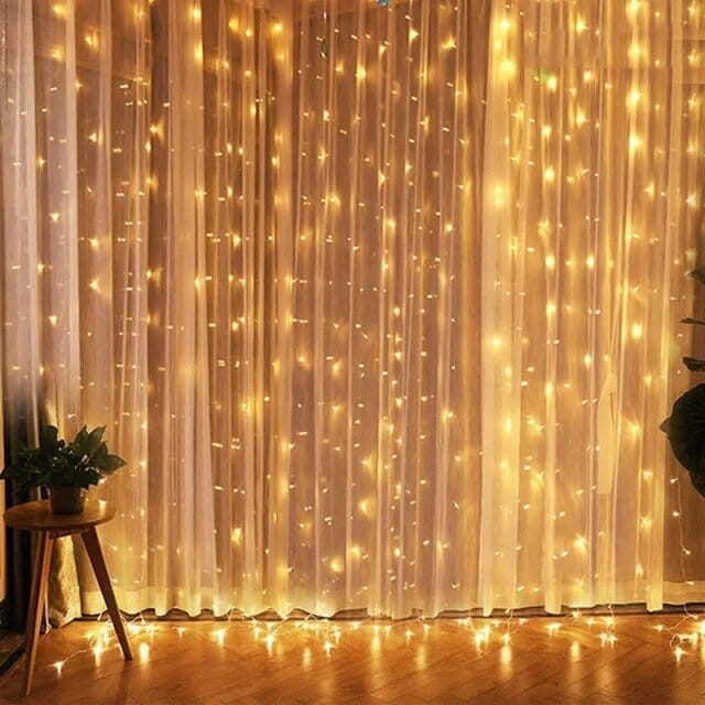Cortina de Led com 300 Luzes e 8 Modos para Natal natal 4 Produtgy Amarelo - Quente 3 Metros - 300 Leds 